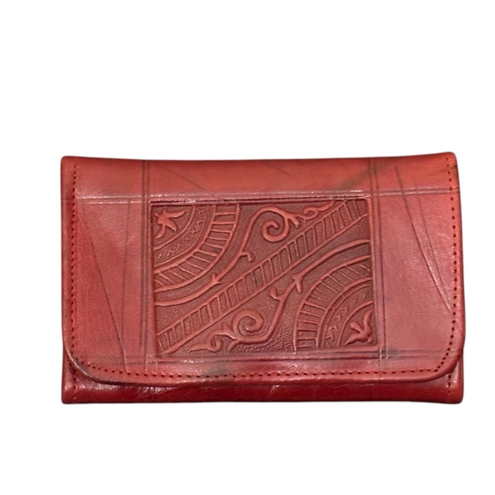 Vintage deep red leather tooled embossed trifold snap wallet clutch